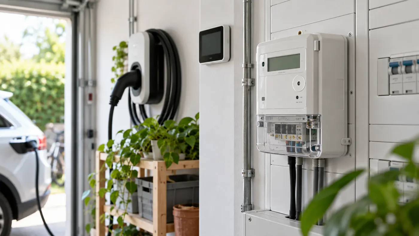 Digitaler Stromzähler neben einer Ladestation für ein Elektroauto