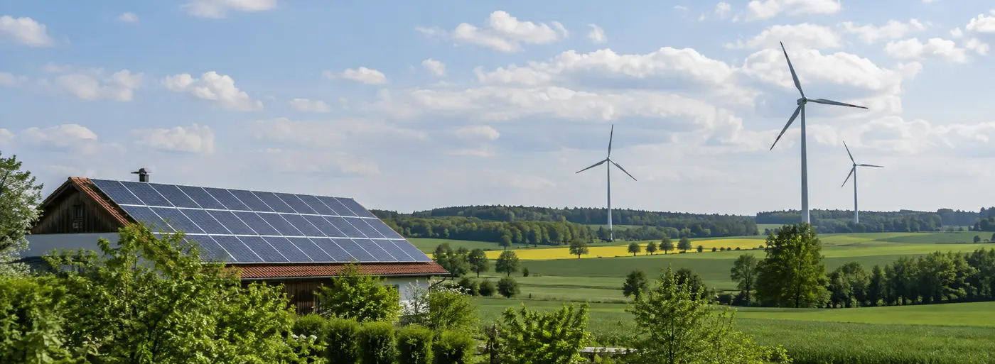 Solarmodule auf einem Dach und Windräder in einer grünen Landschaft
